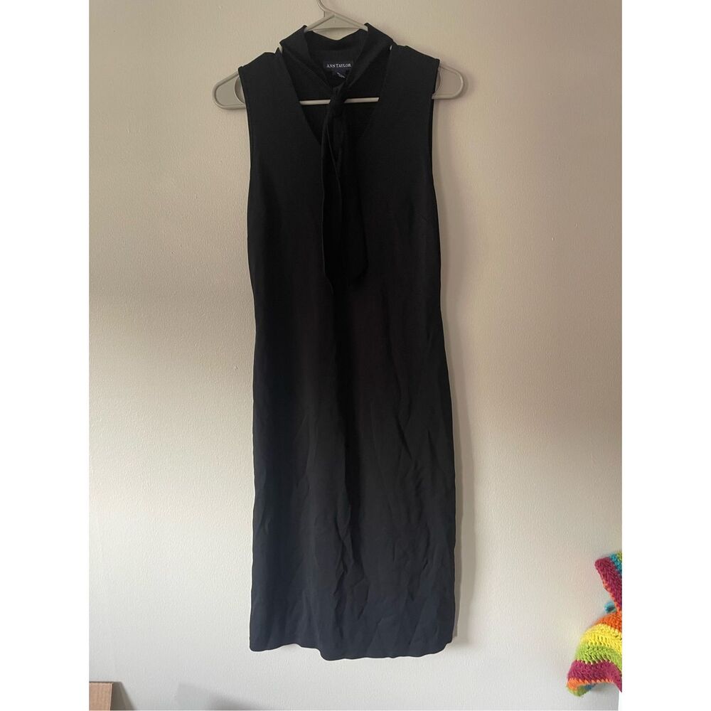 Ann Taylor Womens Size 4 Knee Length Black Stretch Tank Dress with High Neck Tie